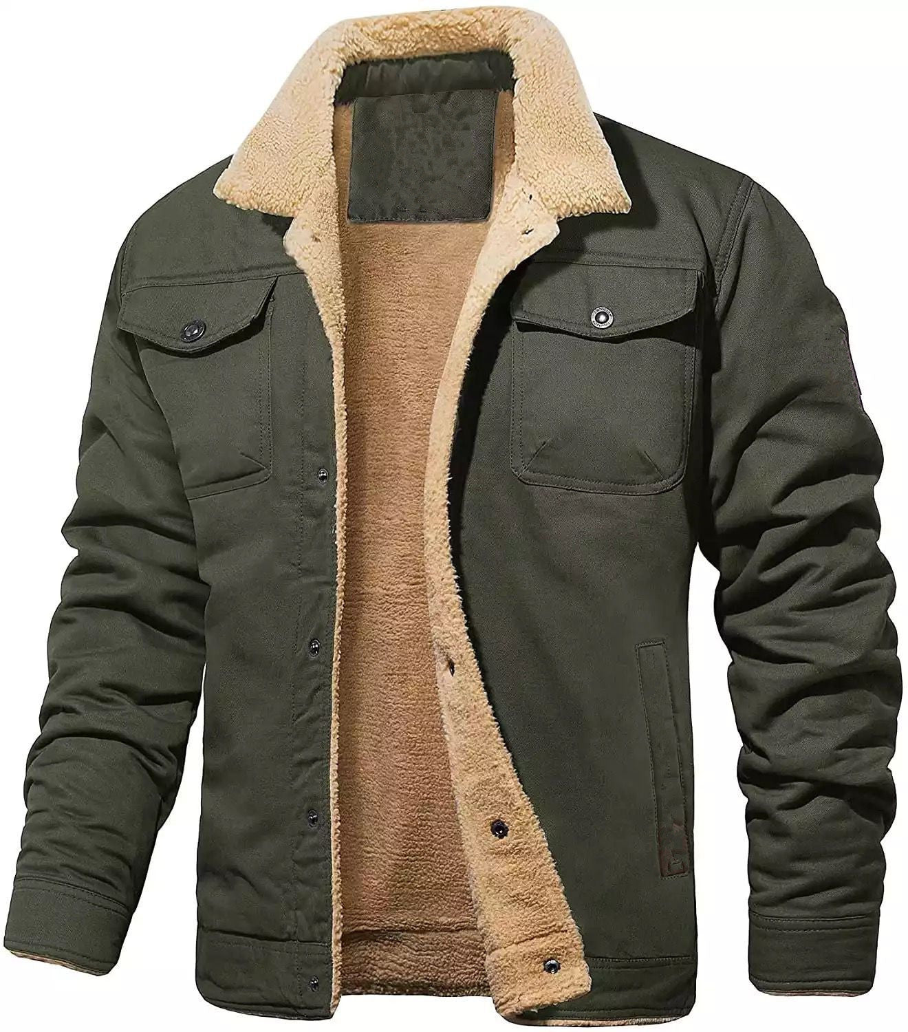 Green jacket with beige fleece lining on a white background