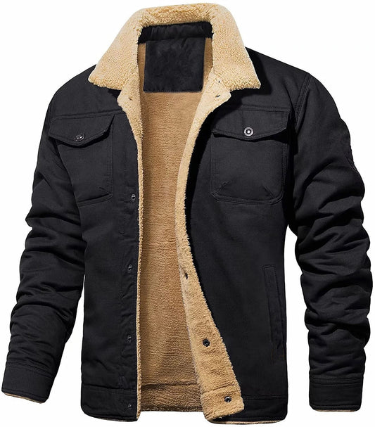 Black jacket with beige fleece lining on a white background