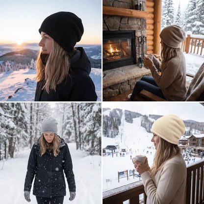 Collage of a woman in winter clothing in various snowy settings.