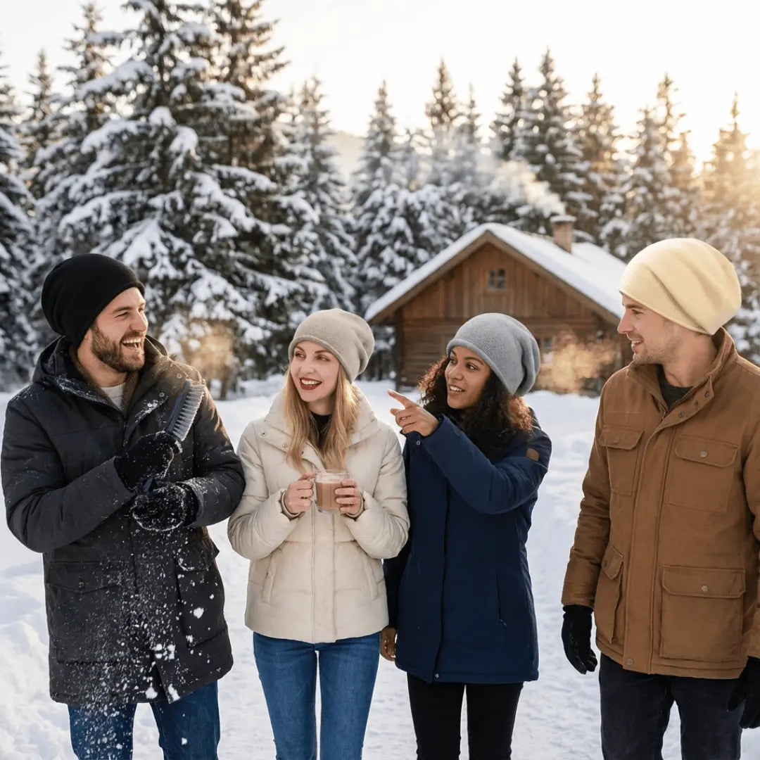 Four friends standing in a snowy landscape with a cabin in the background