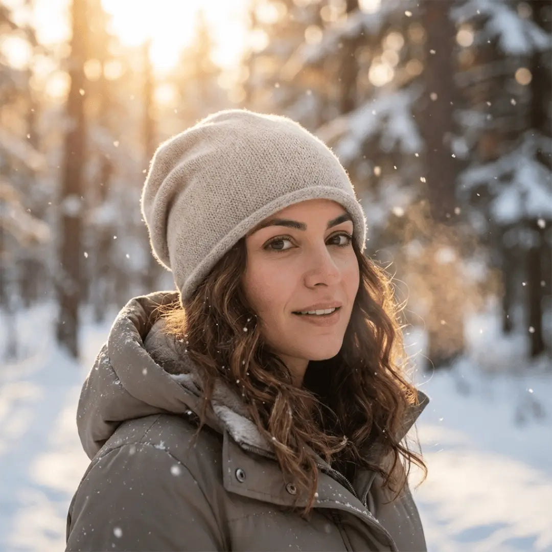 Woman in winter clothing standing in a snowy forest with a warm glow