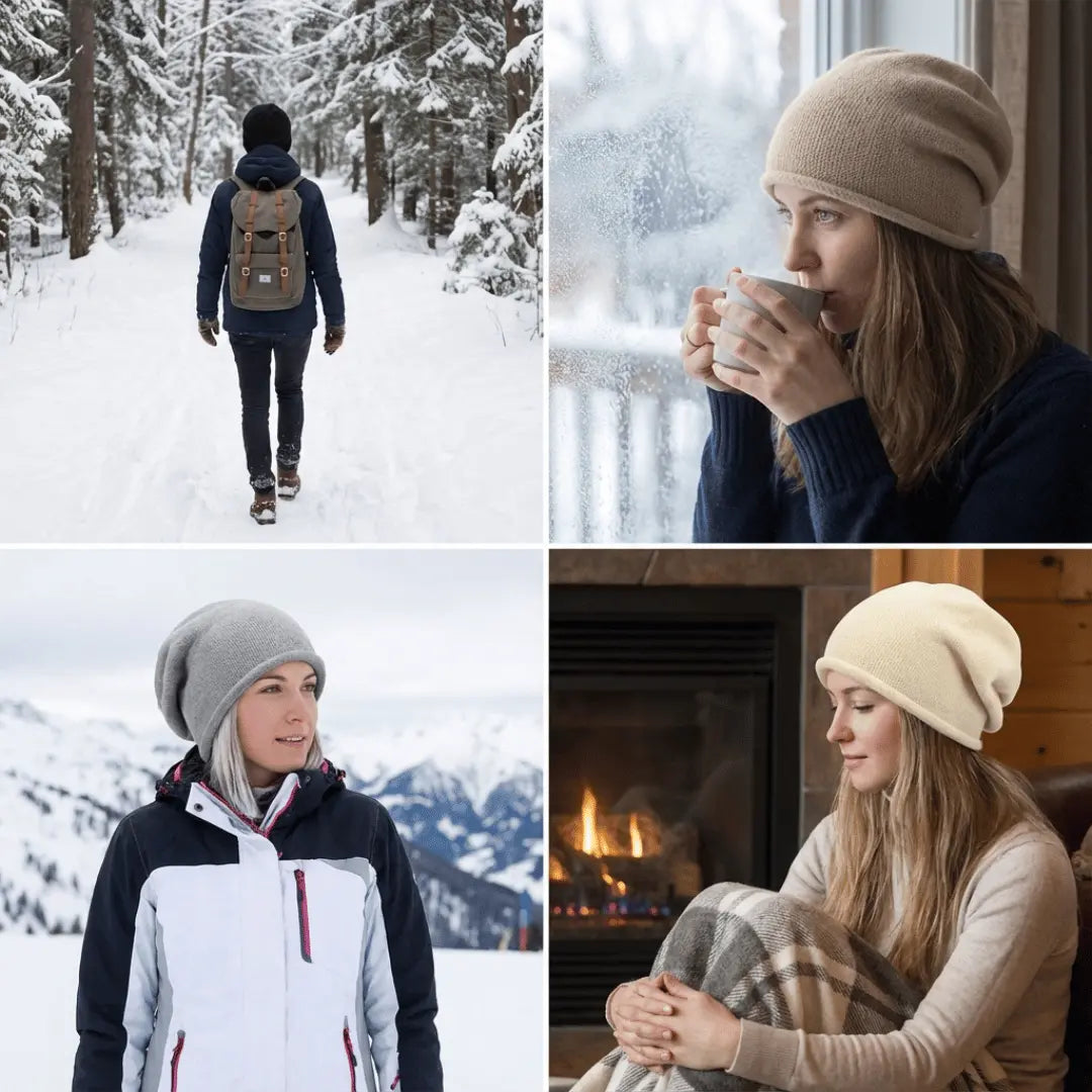Collage of people wearing beanies in various winter settings.