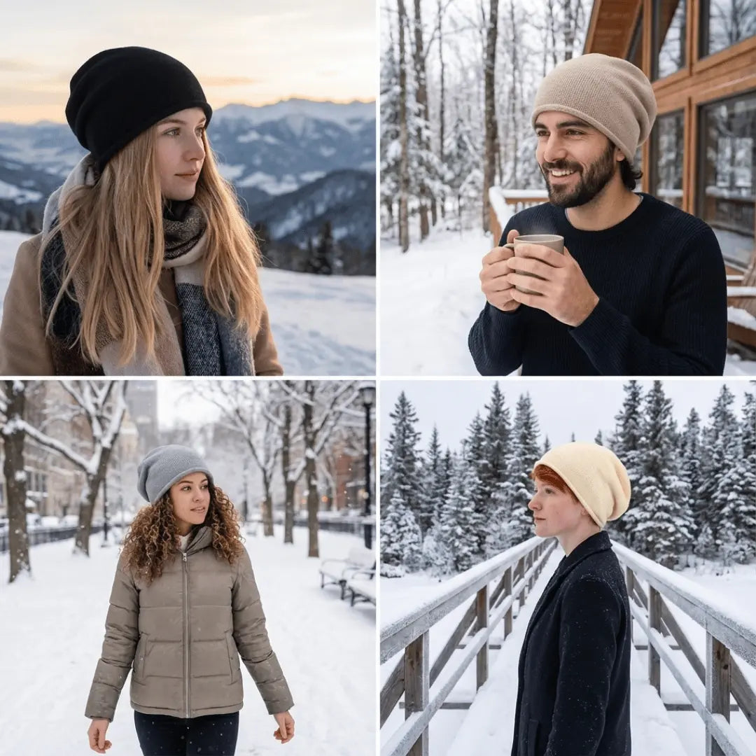 Four people wearing beanies and winter clothing in snowy landscapes.