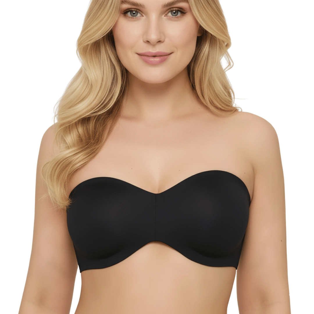 Woman wearing a black strapless bra on a white background