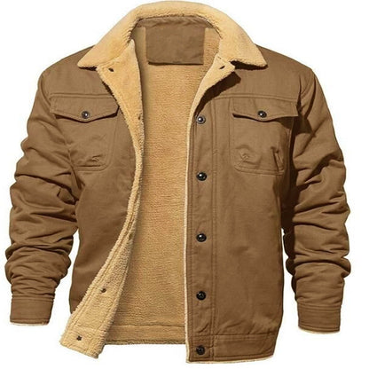 Brown jacket with beige sherpa lining on a white background