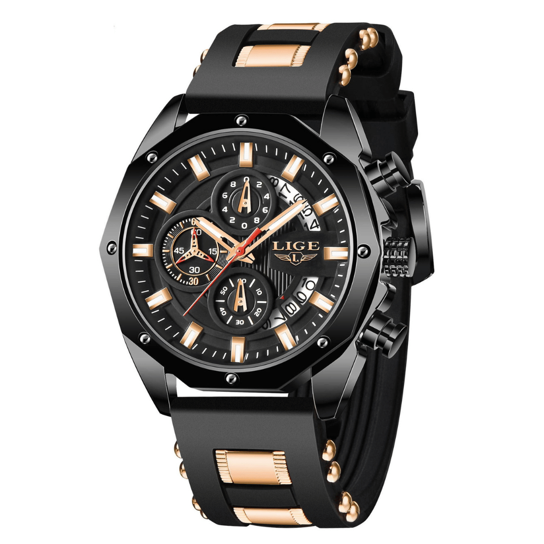 Black and rose gold watch with detailed face on a white background