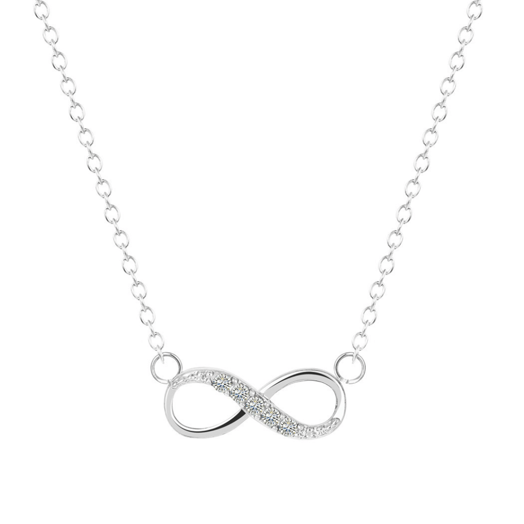Silver infinity necklace on a white background