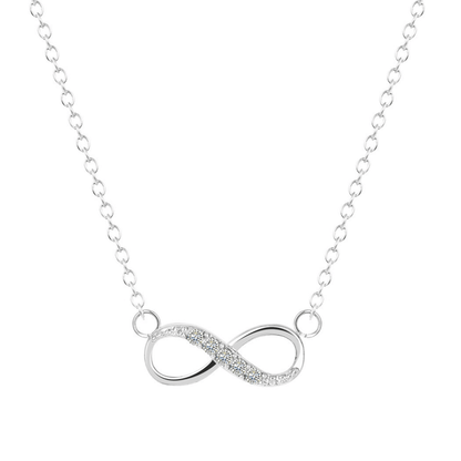 Silver infinity necklace on a white background