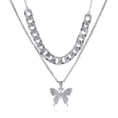 Two silver necklaces with butterfly pendants on a white background
