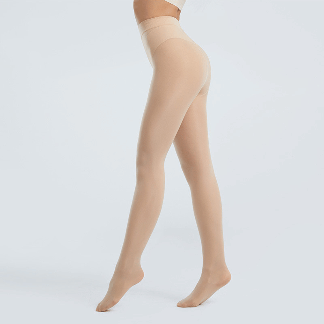 Beige tights worn by a person on a light gray background