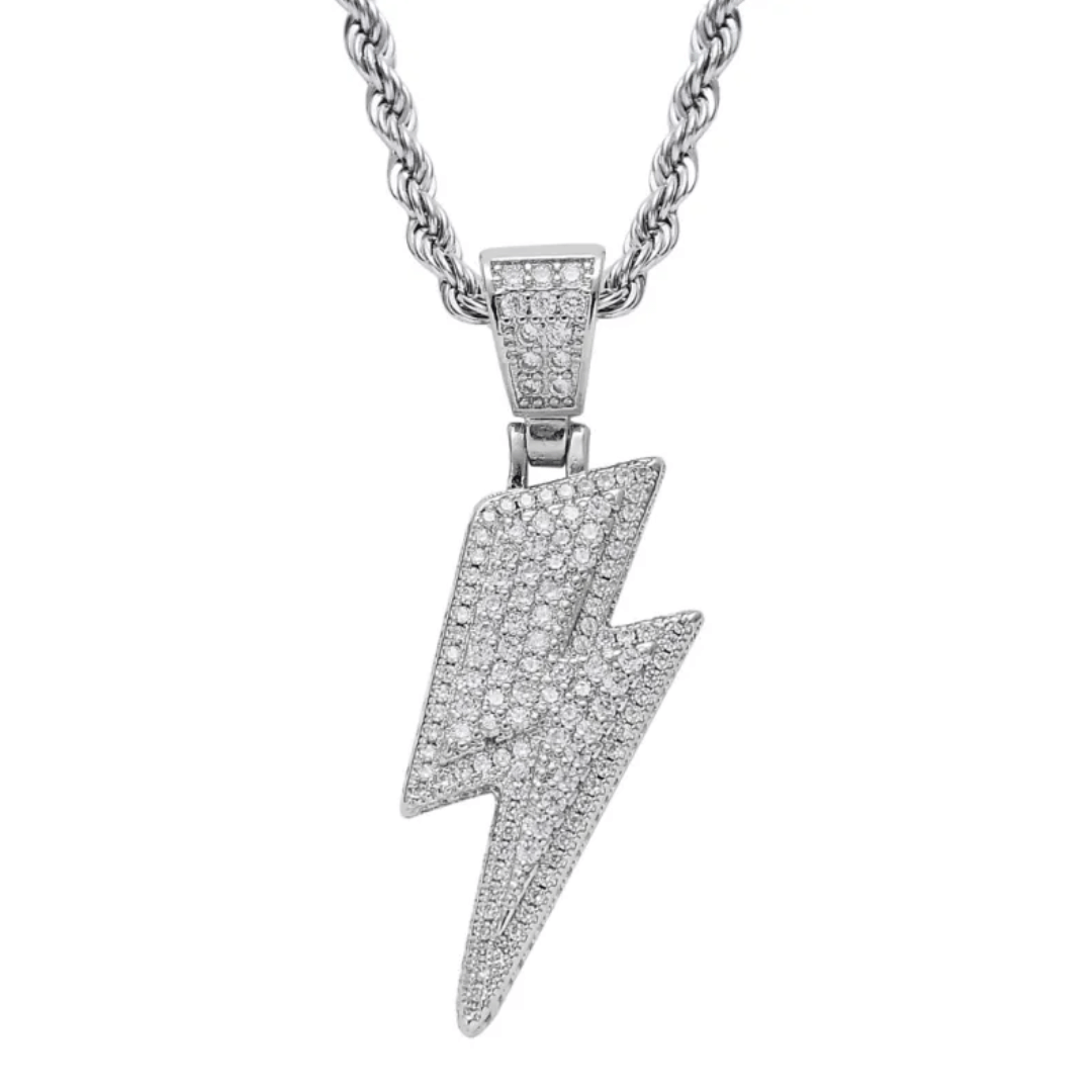 Silver lightning bolt pendant necklace on a white background
