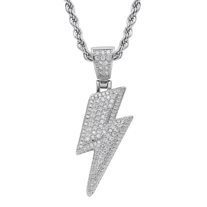 Silver lightning bolt pendant necklace on a white background
