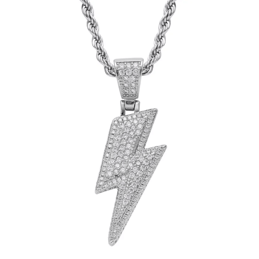 Silver lightning bolt pendant necklace on a white background