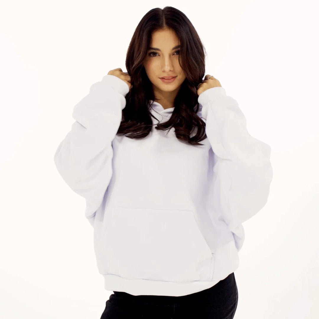 Woman wearing a white hoodie on a white background