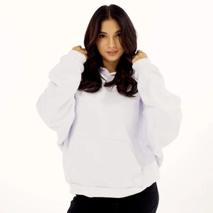 Woman wearing a white hoodie on a white background