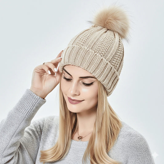 Woman wearing a beige knitted beanie with a fur pom-pom on a light gray background