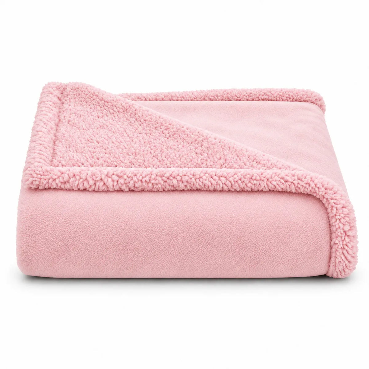 A folded light pink fleece blanket with a sherpa lining, shown on a clean white background.