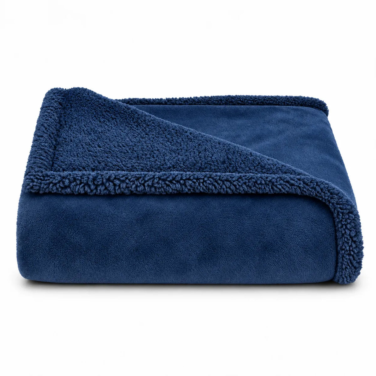 A folded navy blue fleece blanket with a plush sherpa lining, shown on a clean white background.