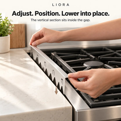 A person adjusts a stainless steel gas range burner trim on a stovetop, with text at the top reading 'LIORA Adjust. Position.