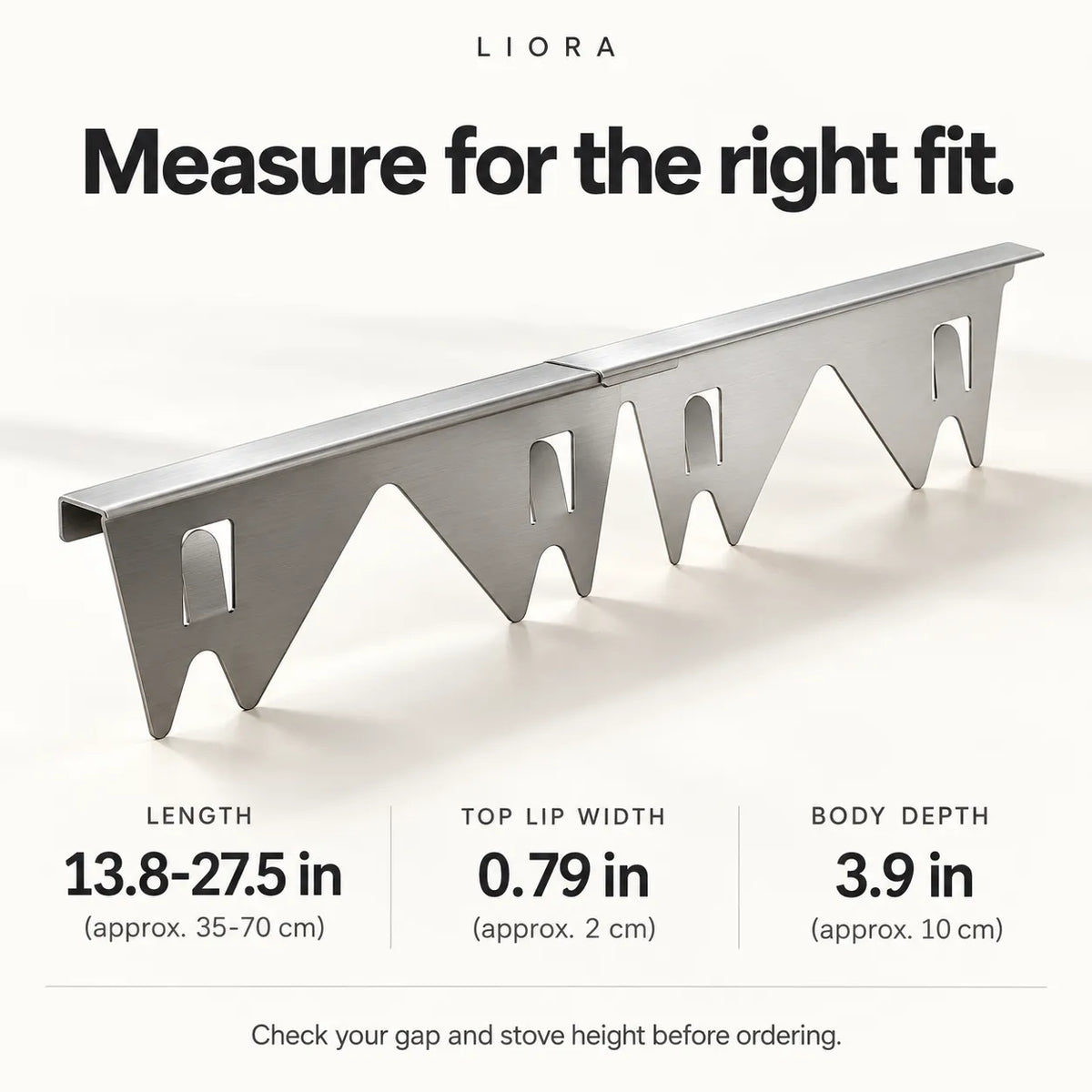 A stainless steel stove insert shown on a clean white background with text reading 'Measure for the right fit.' and dimensions for length, top lip width, and body depth.