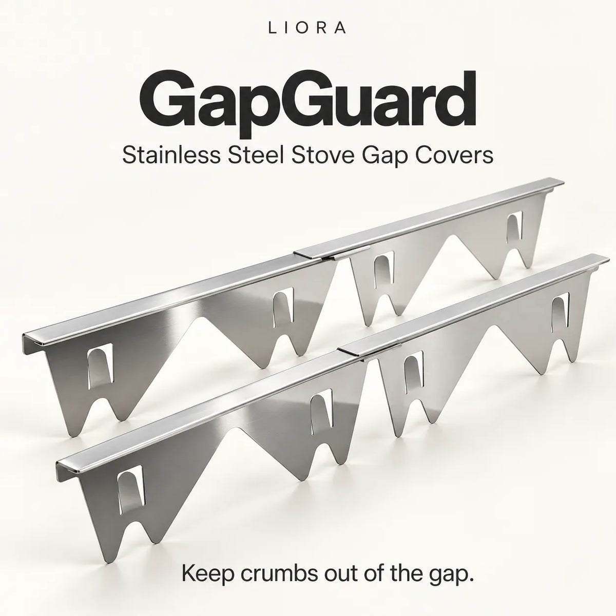 Two stainless steel GapGuard stove gap covers shown on a clean off-white background with product text reading 'LIORA GapGuard Stainless Steel Stove Gap Covers' and the tagline 'Keep crumbs out of the gap.'.