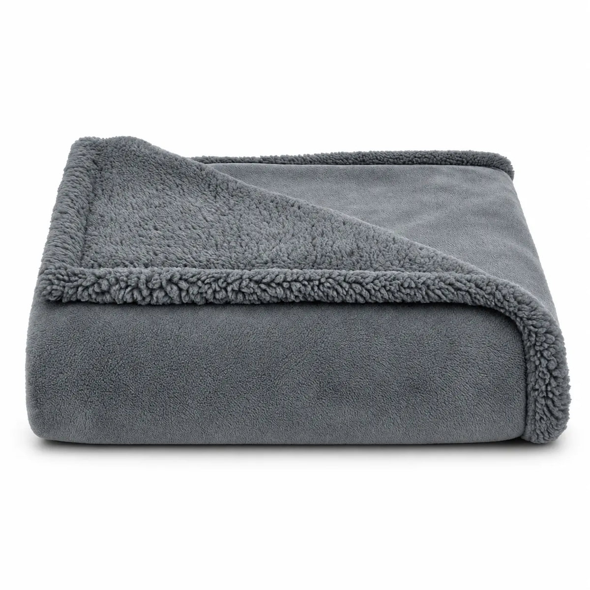 A folded gray fleece blanket with a sherpa lining, shown on a clean white background.