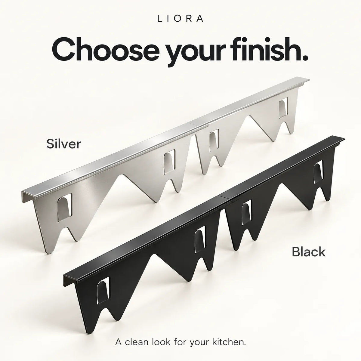 Two metal kitchen wall hooks shown on a clean white background, labeled Silver and Black, with the brand name LIORA at the top and the text 'Choose your finish.'.