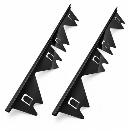 Two black metal mounting brackets with triangular teeth and rectangular cutouts, shown on a clean white background.
