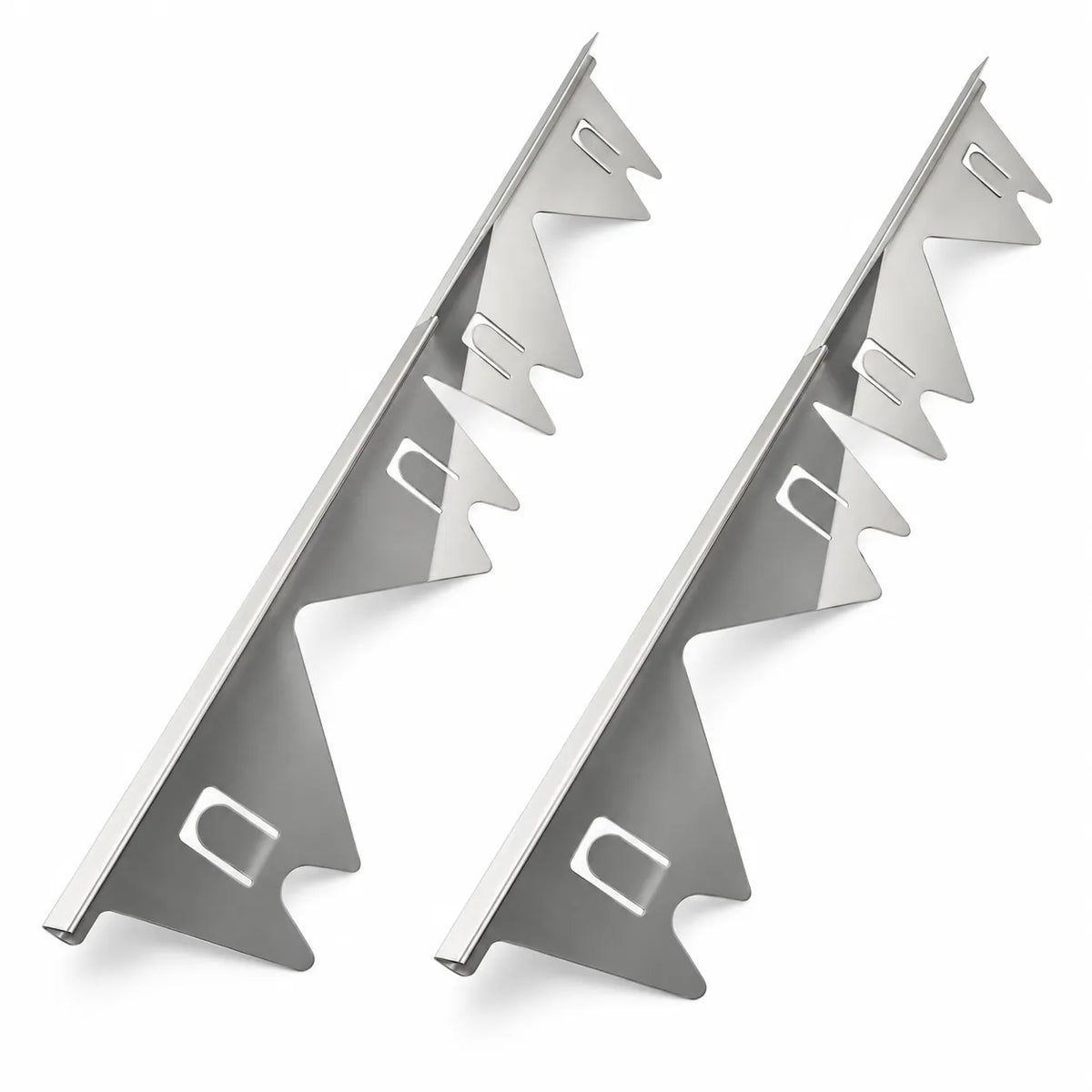 Two silver metal stair rail corner brackets shown on a clean white background.