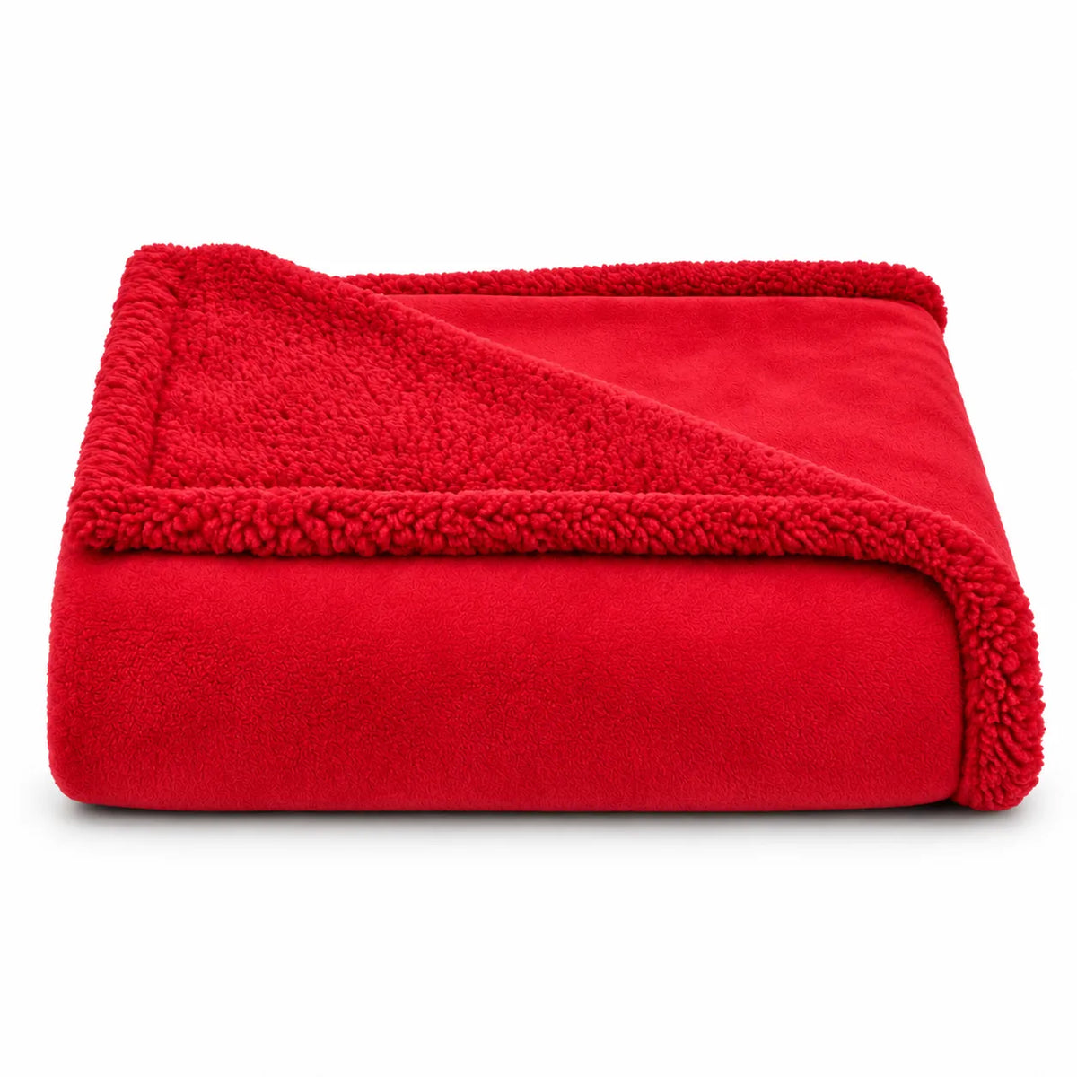 A folded red fleece blanket with a sherpa lining, shown on a clean white background.